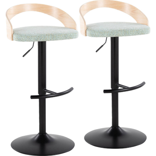 Grotto Adjustable Swivel Bar Stool in Black Metal, Natural Wood & Light Green Fabric (Set of 2)